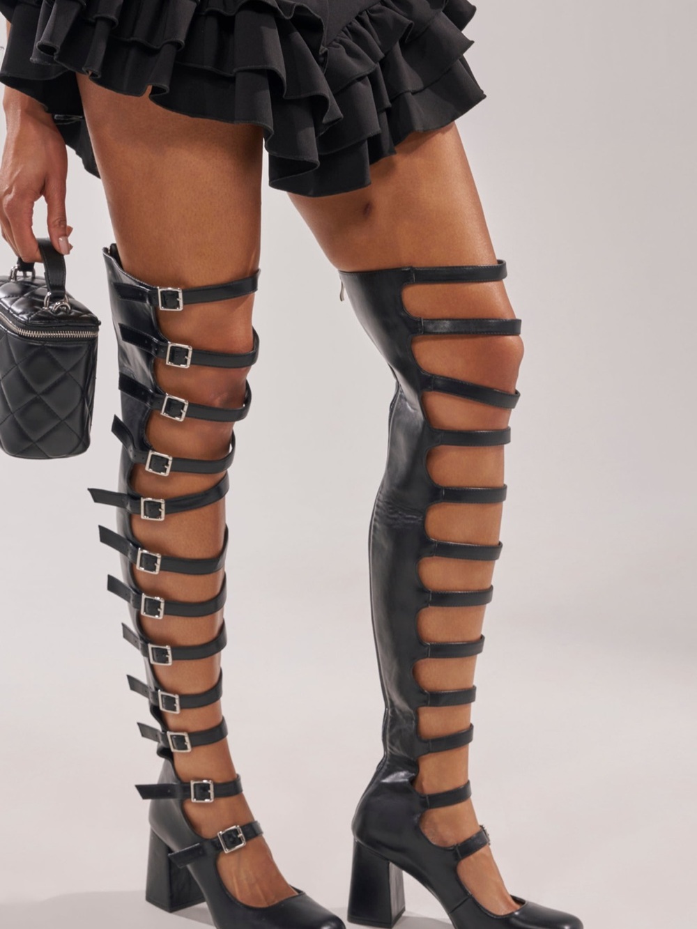 AKIRA AKIRA GOLD YVETTE BLACK OVER THE KNEE MARY JANE BOOT Size 8.58.5 - Picture 7 of 11